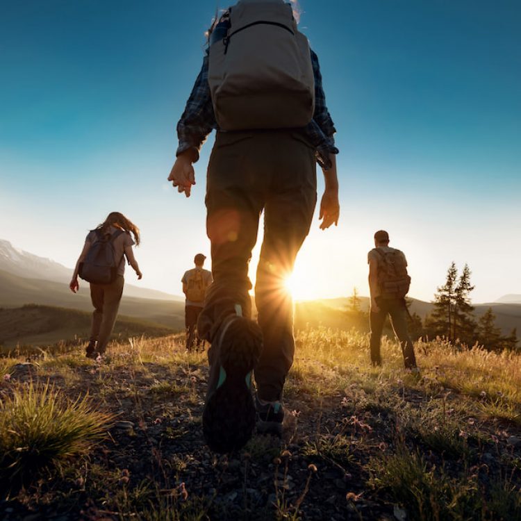 Group of sporty people walks in mountains at sunset with backpacks. Altai mountains, Siberia, Russia.